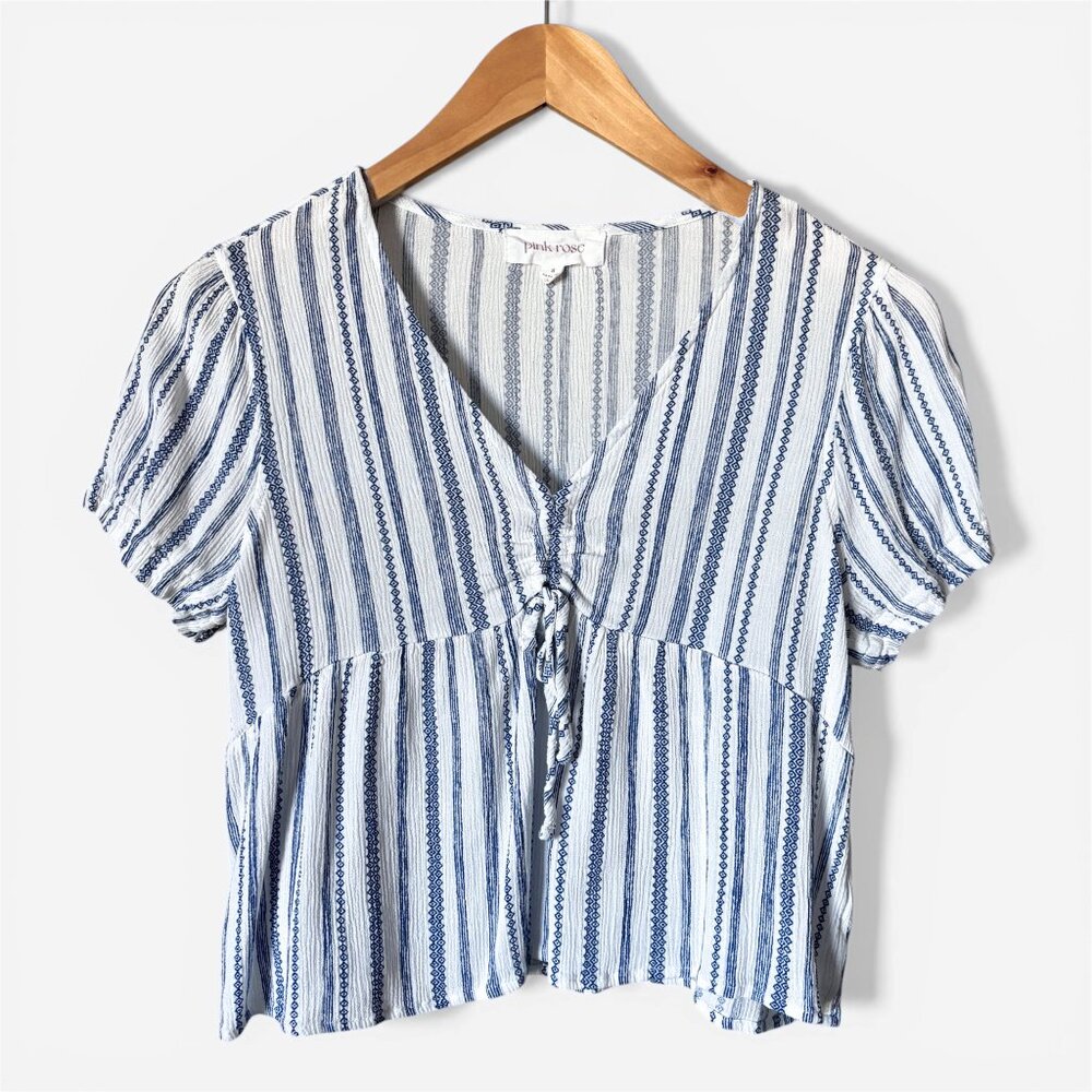 Pink Rose Tie-Front Blue and White Striped Blouse Womens Small Coastal Boho 90s